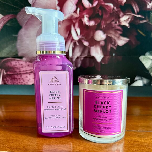 NEW 2-Pc BLACK CHERRY MERLOT Single Wick Candle & Foaming Hand Soap BBW - Picture 1 of 2